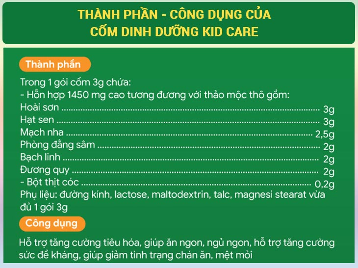 Chi tiết thành phần, công dụng của cốm dinh dưỡng KID CARE